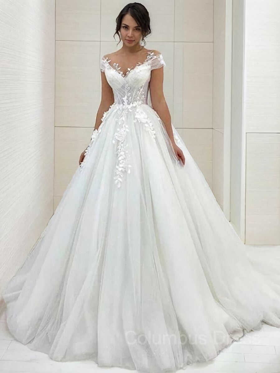 A-Line/Princess Scoop Sweep Train Tulle Corset Wedding Dresses outfit, Wedding Dress Gown