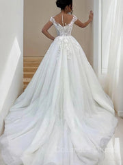 A-Line/Princess Scoop Sweep Train Tulle Corset Wedding Dresses outfit, Wedding Dresses Under 307