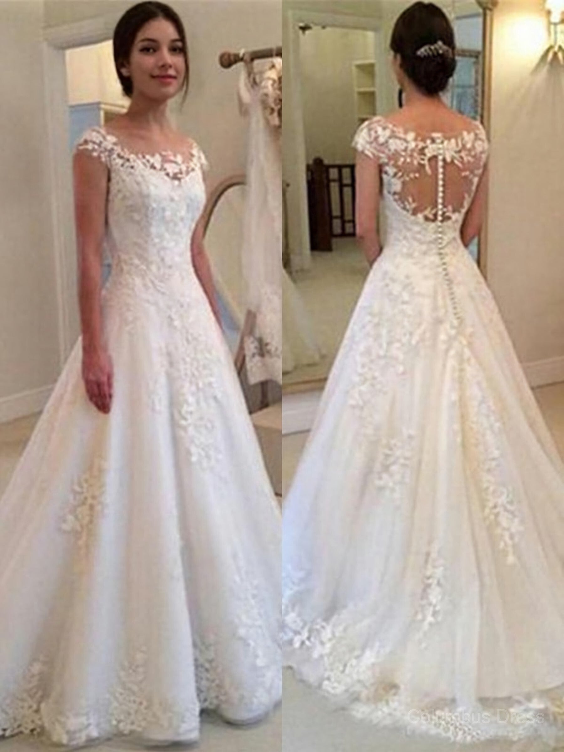 A-Line/Princess Scoop Sweep Train Tulle Corset Wedding Dresses With Appliques Lace outfit, Wedding Dresses Classis