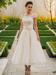 A-Line/Princess Scoop Tea-Length Tulle Corset Wedding Dresses outfit, Wedding Dress Short