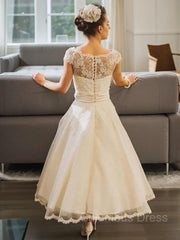 A-Line/Princess Scoop Tea-Length Tulle Corset Wedding Dresses outfit, Wedding Dresses Short
