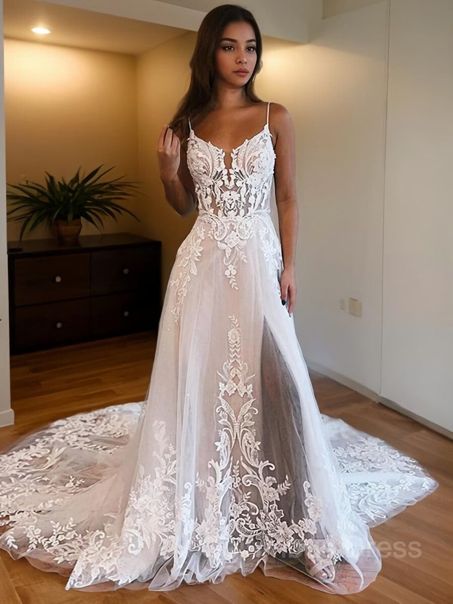 A-Line/Princess Spaghetti Straps Chapel Train Tulle Corset Wedding Dresses With Leg Slit outfit, Wedding Dress With Pocket