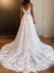 A-Line/Princess Spaghetti Straps Chapel Train Tulle Corset Wedding Dresses With Leg Slit outfit, Wedding Dress Ball Gowns