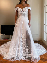 A-Line/Princess Spaghetti Straps Chapel Train Tulle Corset Wedding Dresses With Leg Slit outfit, Wedding Dresses Ball Gowns