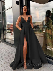 A-Line/Princess Spaghetti Straps Floor-Length Satin Corset Prom Dresses With Leg Slit outfit, Prom Dress Under 126