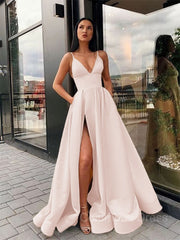 A-Line/Princess Spaghetti Straps Floor-Length Satin Corset Prom Dresses With Leg Slit outfit, Prom Dresses Under 226