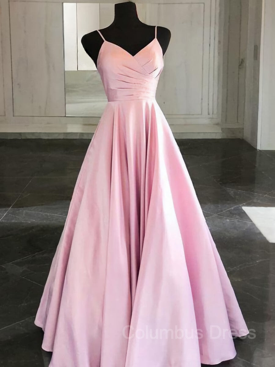 A-Line/Princess Spaghetti Straps Floor-Length Satin Corset Prom Dresses With Ruffles Gowns, Prom Dress For Sale