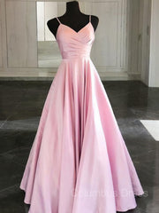 A-Line/Princess Spaghetti Straps Floor-Length Satin Corset Prom Dresses With Ruffles Gowns, Prom Dress For Sale