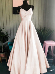 A-Line/Princess Spaghetti Straps Floor-Length Satin Corset Prom Dresses With Ruffles Gowns, Prom Dress Tight