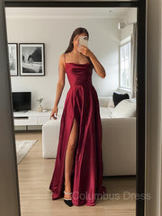 A-Line/Princess Spaghetti Straps Floor-Length Silk like Satin Corset Prom Dresses With Leg Slit outfit, Prom Dresses Long Light Blue