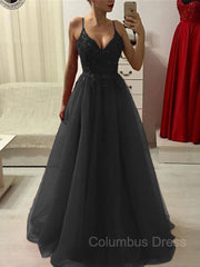 A-Line/Princess Spaghetti Straps Floor-Length Tulle Corset Prom Dresses With Appliques Lace outfit, Homecoming Dress Under 75