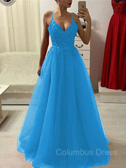 A-Line/Princess Spaghetti Straps Floor-Length Tulle Corset Prom Dresses With Appliques Lace outfit, Homecomming Dresses Cute