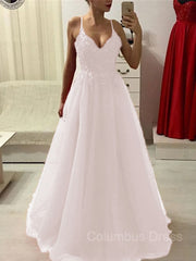 A-Line/Princess Spaghetti Straps Floor-Length Tulle Corset Prom Dresses With Appliques Lace outfit, Homecoming Dresses Cute