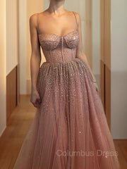 A-Line/Princess Spaghetti Straps Floor-Length Tulle Corset Prom Dresses With Beading outfit, Go Out Outfit