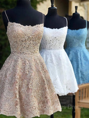 A-Line/Princess Spaghetti Straps Short/Mini Lace Corset Homecoming Dresses With Appliques Lace outfit, Prom Dresses Shop