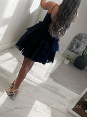 A-Line/Princess Spaghetti Straps Short/Mini Tulle Corset Homecoming Dresses With Ruffles Gowns, Homecoming Dresses Chiffon