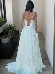 A-Line/Princess Spaghetti Straps Sweep Train Sequins Corset Prom Dresses With Pockets Gowns, Spring Wedding Color