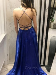 A-Line/Princess Spaghetti Straps Sweep Train Silk like Satin Corset Prom Dresses With Leg Slit outfit, Party Dress And Gown