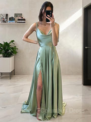 A-Line/Princess Spaghetti Straps Sweep Train Silk like Satin Corset Prom Dresses With Leg Slit outfit, Green Prom Dress