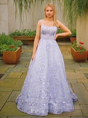 A-Line/Princess Spaghetti Straps Sweep Train Tulle Corset Prom Dresses With Appliques Lace outfit, Evening Dress Modest