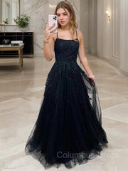 A-Line/Princess Spaghetti Straps Sweep Train Tulle Corset Prom Dresses With Appliques Lace outfit, Formal Dresses Gowns