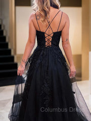 A-Line/Princess Spaghetti Straps Sweep Train Tulle Corset Prom Dresses With Appliques Lace outfit, Formal Dresses Elegant