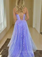 A-Line/Princess Spaghetti Straps Sweep Train Tulle Corset Prom Dresses With Appliques Lace outfit, Gala Dress