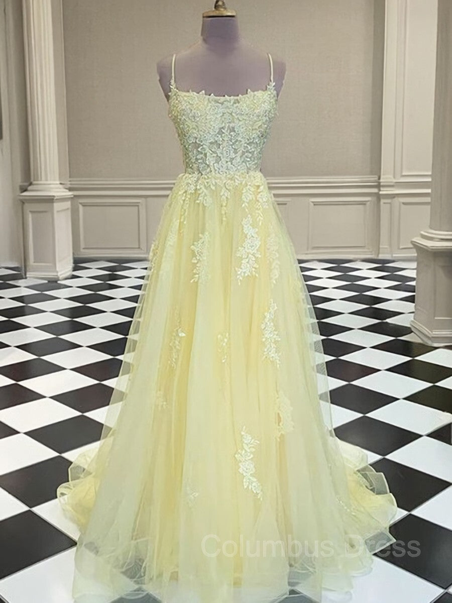 A-Line/Princess Spaghetti Straps Sweep Train Tulle Corset Prom Dresses With Appliques Lace outfit, Cute Dress