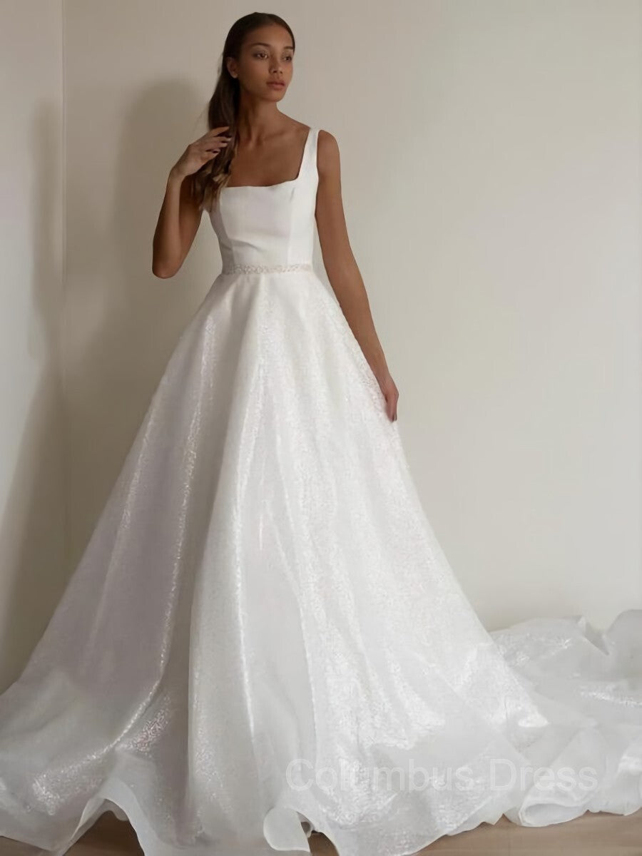 A-Line/Princess Square Chapel Train Corset Wedding Dresses outfit, Wedding Dress Elegant Simple