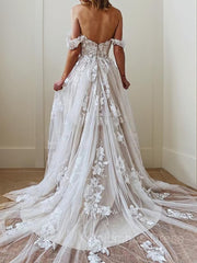 A-line/Princess Square Court Train Tulle Corset Wedding Dress with Appliques Lace outfit, Wedding Dress Long Sleeve