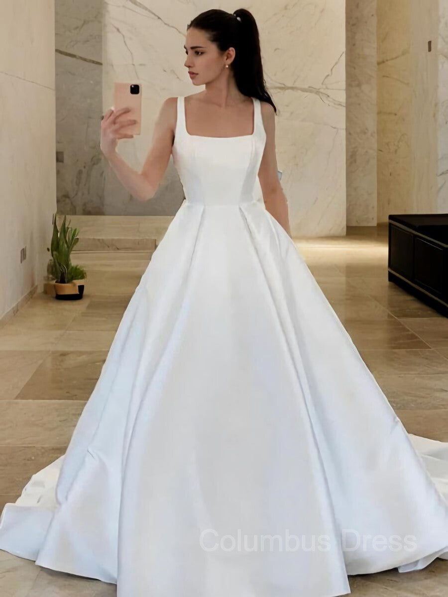 A-Line/Princess Square Sweep Train Satin Corset Wedding Dresses outfit, Wedding Dresses Tops
