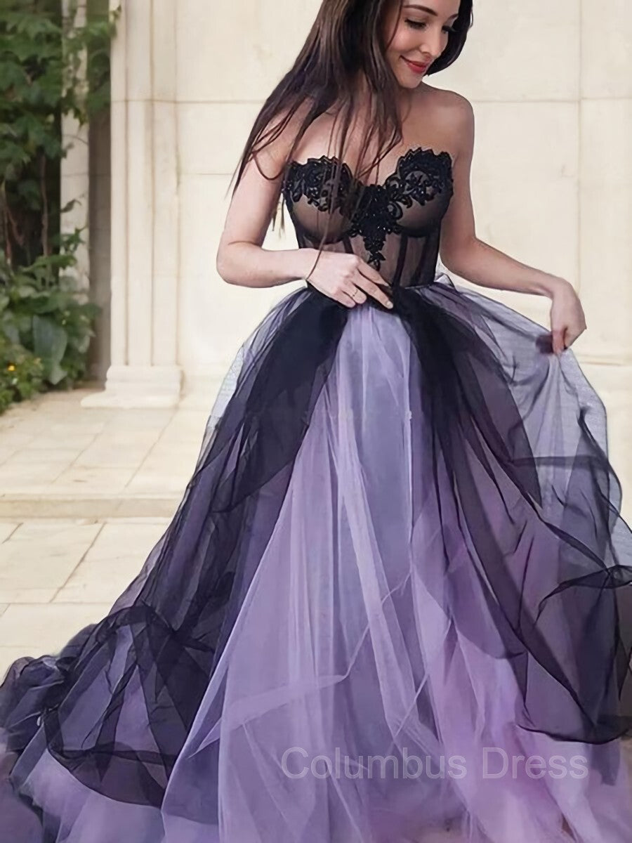 A-Line/Princess Strapless Court Train Tulle Corset Prom Dresses With Appliques Lace outfit, Party Dresses Website