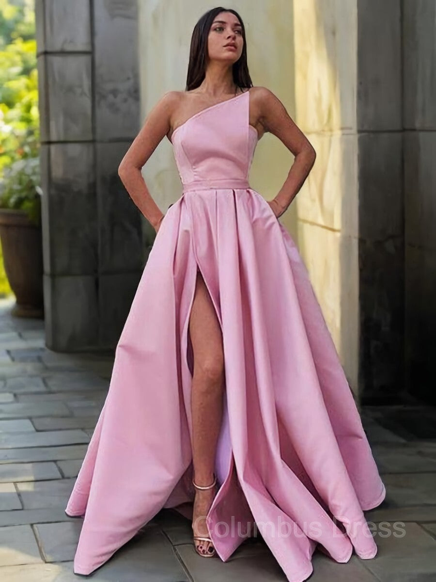 A-Line/Princess Strapless Floor-Length Satin Corset Prom Dresses With Leg Slit outfit, Party Dress Ideas