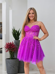 A-line/Princess Strapless Knee-Length Tulle Corset Homecoming Dress with Appliques Lace outfit, Bridesmaid Dress Burgundy