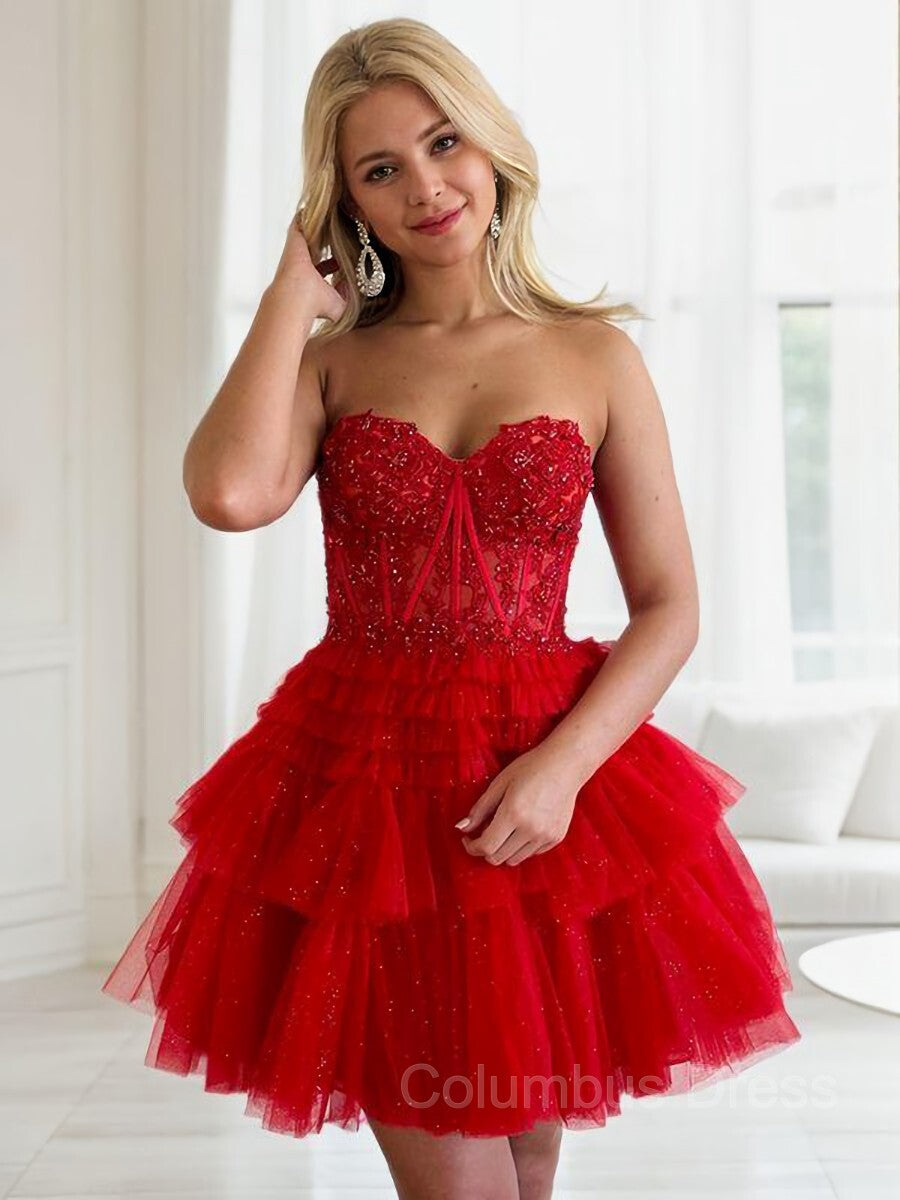 A-line/Princess Strapless Short/Mini Tulle Corset Homecoming Dress with Cascading Ruffles Gowns, Bridesmaides Dresses Short