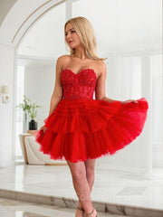 A-line/Princess Strapless Short/Mini Tulle Corset Homecoming Dress with Cascading Ruffles Gowns, Bridesmaids Dress Short