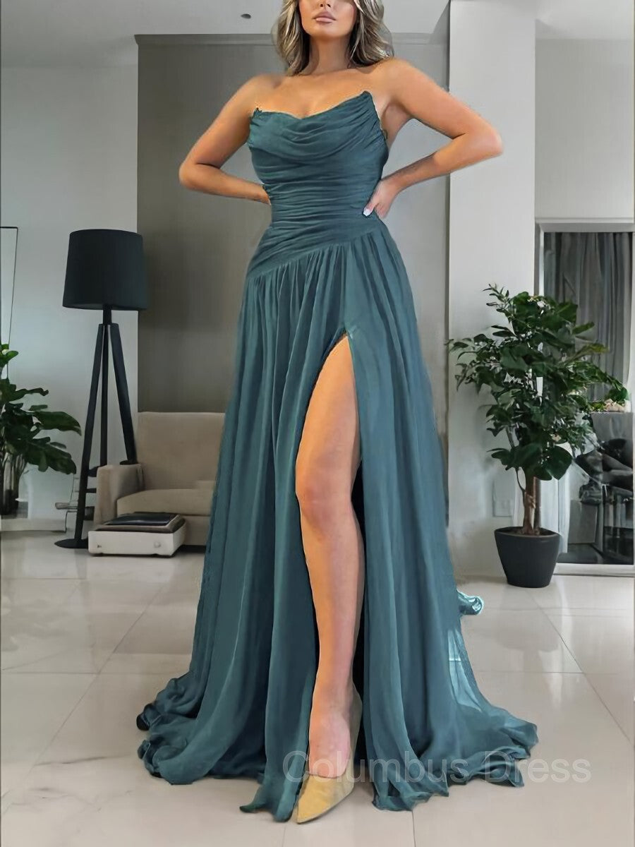 A-Line/Princess Strapless Sweep Train 30D Chiffon Corset Prom Dresses With Leg Slit outfit, Party Dress On Sale