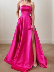 A-Line/Princess Strapless Sweep Train Satin Corset Prom Dresses With Leg Slit outfit, Party Dress Shopping