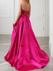 A-Line/Princess Strapless Sweep Train Satin Corset Prom Dresses With Leg Slit outfit, Party Dress Shop
