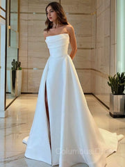 A-Line/Princess Strapless Sweep Train Satin Corset Wedding Dresses With Leg Slit outfit, Wedding Dress Sale