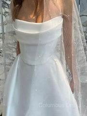 A-Line/Princess Strapless Sweep Train Satin Corset Wedding Dresses With Leg Slit outfit, Wedding Dress Different