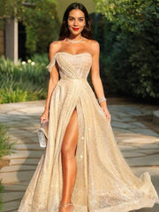 A-Line/Princess Strapless Sweep Train Sequins Corset Prom Dresses With Leg Slit outfit, Bridesmaid Dresses Under 124