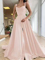 A-Line/Princess Straps Court Train Satin Corset Prom Dresses With Pockets Gowns, Formal Dress For Teen