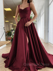 A-Line/Princess Straps Court Train Satin Corset Prom Dresses With Pockets Gowns, Formal Dresses For Teen