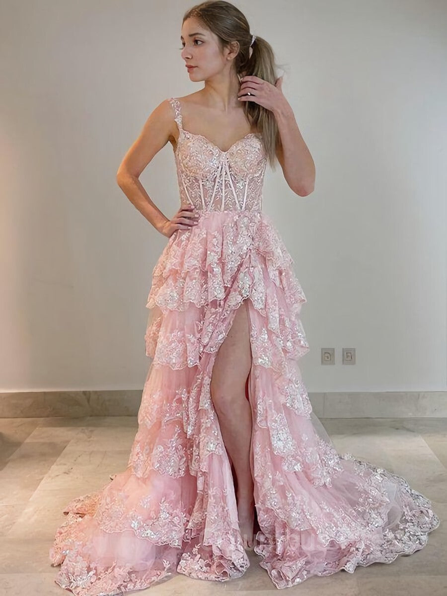 A-Line/Princess Straps Court Train Tulle Corset Prom Dresses With Leg Slit outfit, Wedding Guest Dress