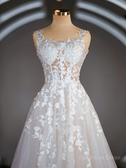 A-Line/Princess Straps Court Train Tulle Corset Wedding Dresses with Appliques Lace outfit, Wedding Dresses A Line Romantic