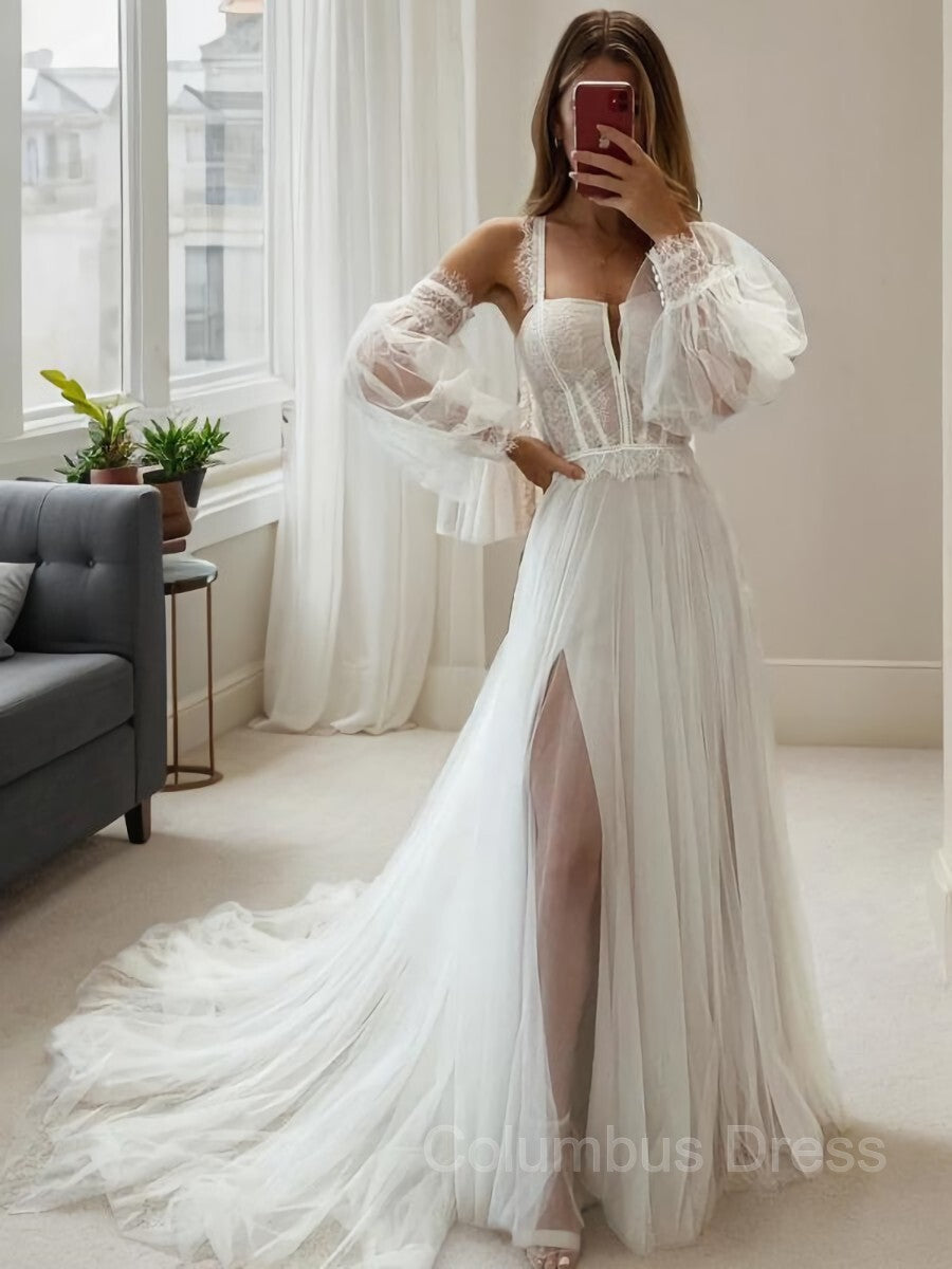 A-Line/Princess Straps Court Train Tulle Corset Wedding Dresses With Leg Slit outfit, Wedding Dresses Uk