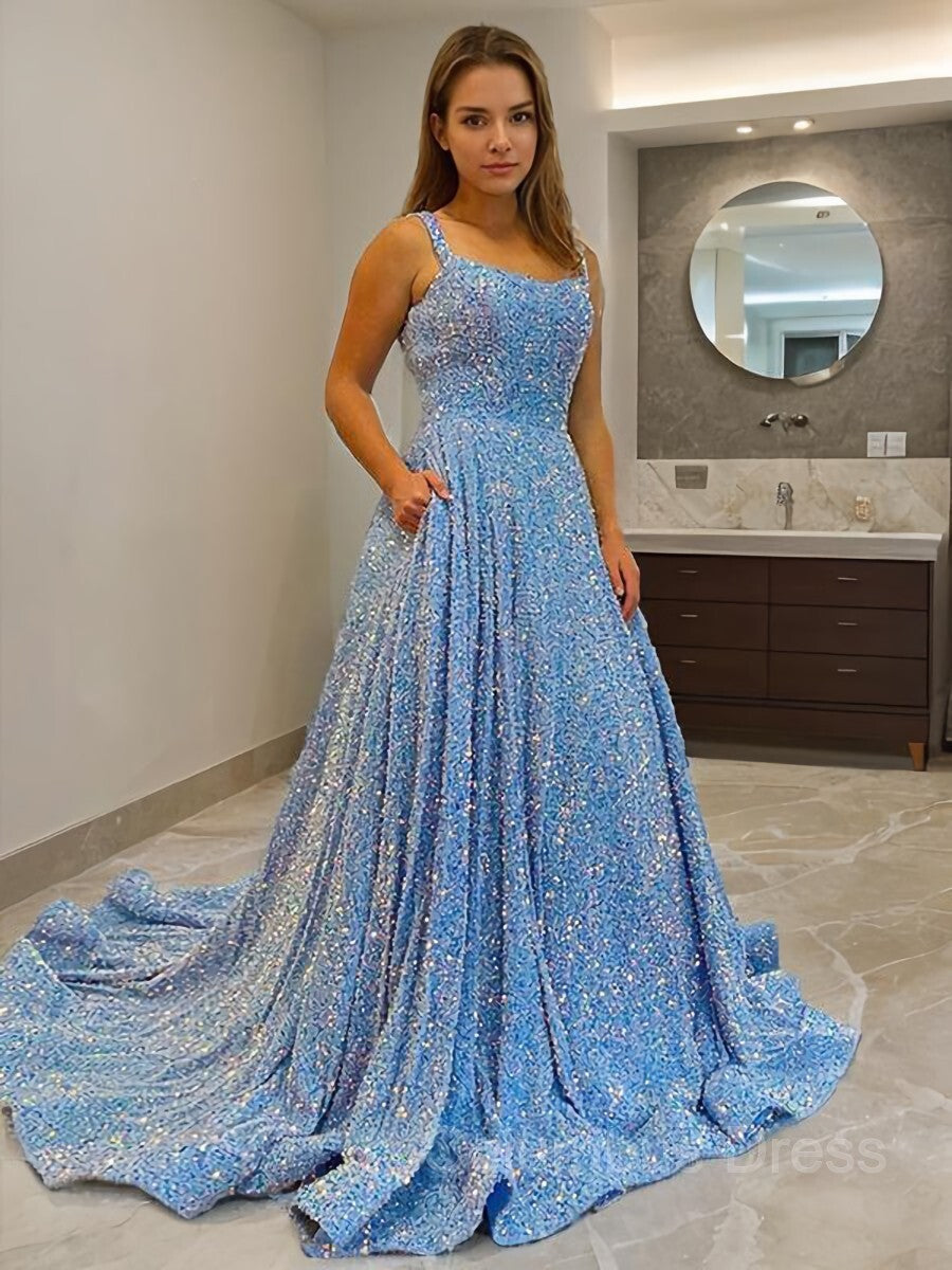 A-Line/Princess Straps Court Train Velvet Sequins Corset Prom Dresses With Pockets Gowns, Prom Ideas
