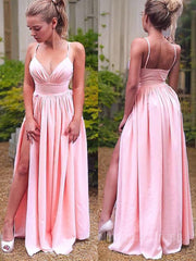 A-Line/Princess Straps Floor-Length Stretch Crepe Corset Prom Dresses With Leg Slit outfit, Bridesmaids Dresses Spring