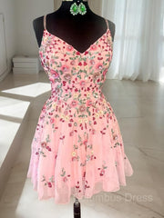 A-line/Princess Straps Short/Mini Lace Corset Homecoming Dress with Appliques Lace outfit, Bridesmaid Dresses Convertible